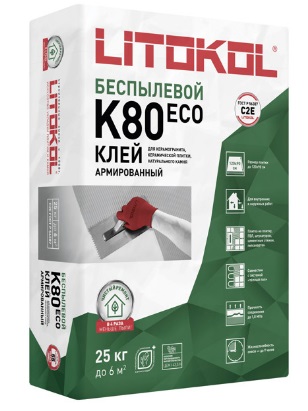 Клей беспылевой, усиленный фиброволокном, для плитки, керамогранита и камня LITOFLEX K80 ECO (класс С2 Е)