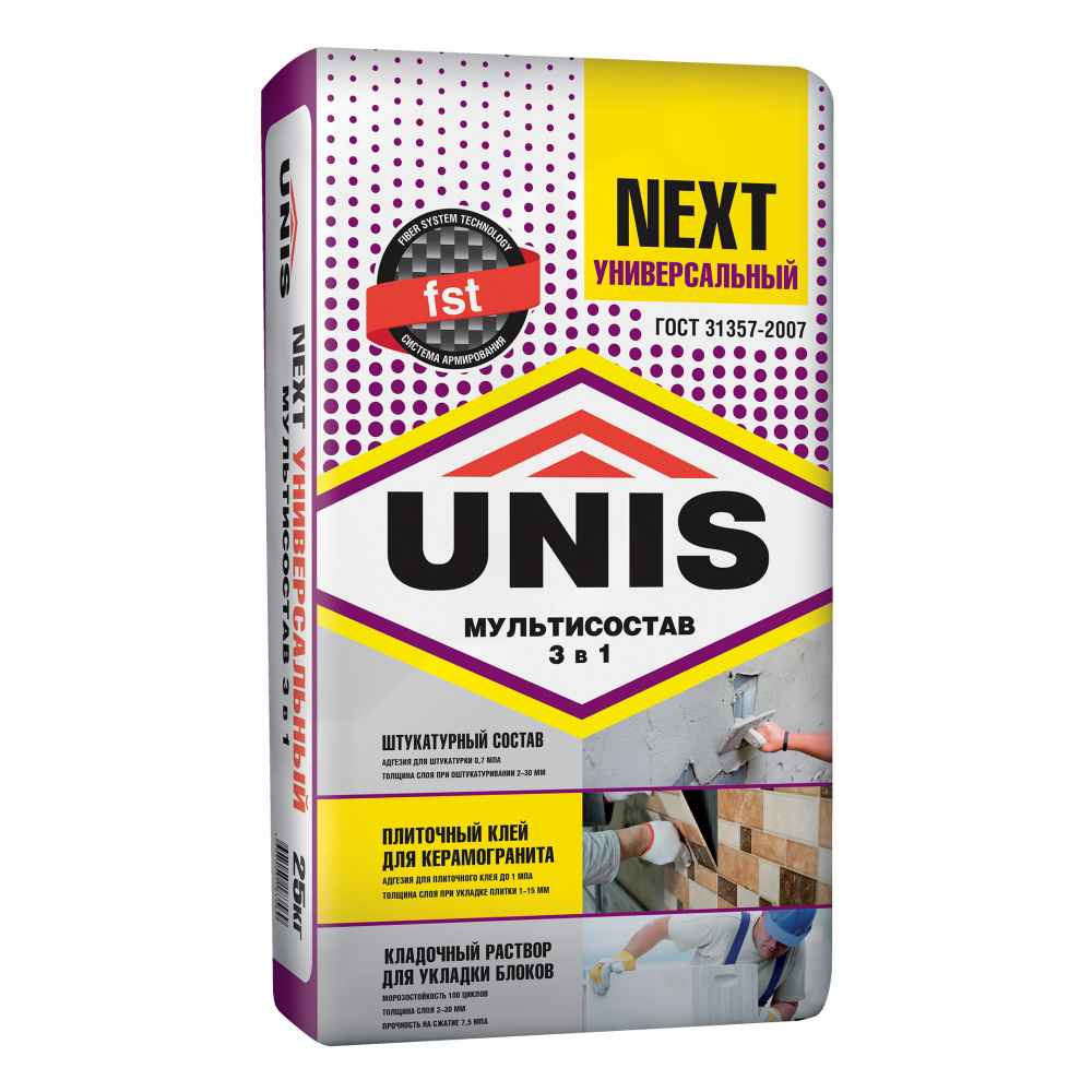 Многофункциональный состав 3 в 1 для приклеивания плитки UNIS NEXT Универсальный, 25 кг