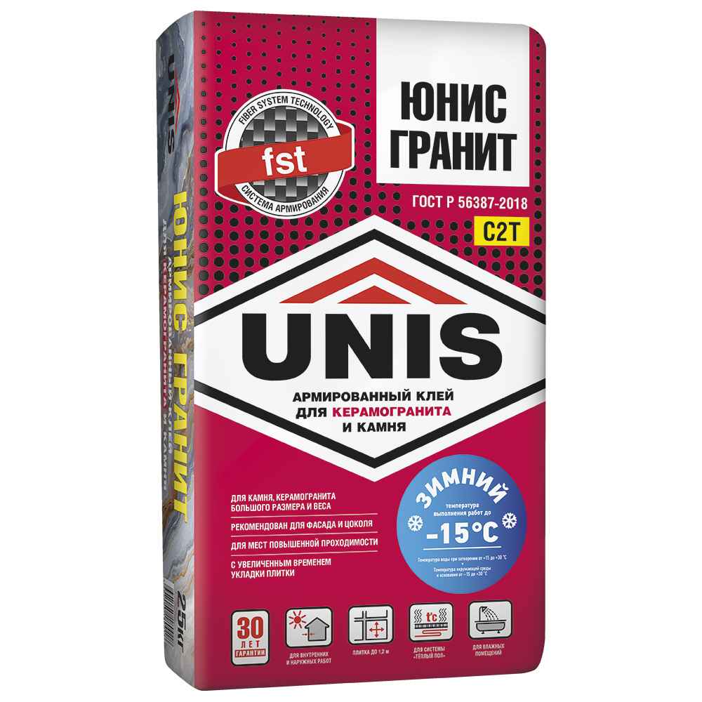 Армированный клей для плит большого размера и веса Юнис Гранит (зима), 25 кг