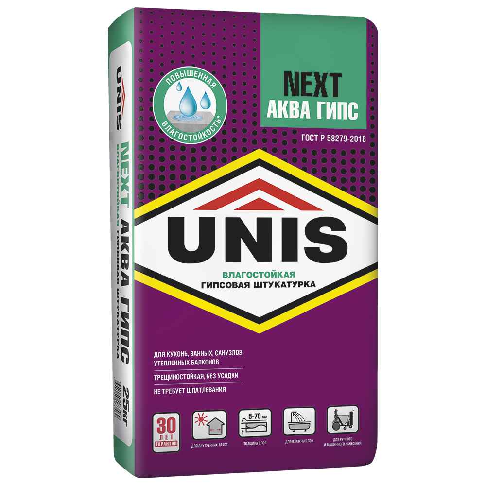 Влагостойкая гипсовая штукатурка NEXT АКВАГИПС UNIS, 25 кг