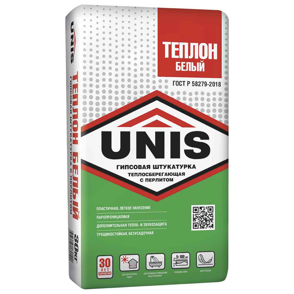 Теплосберегающая облегченная гипсовая штукатурка ТЕПЛОН БЕЛЫЙ UNIS, 30 кг