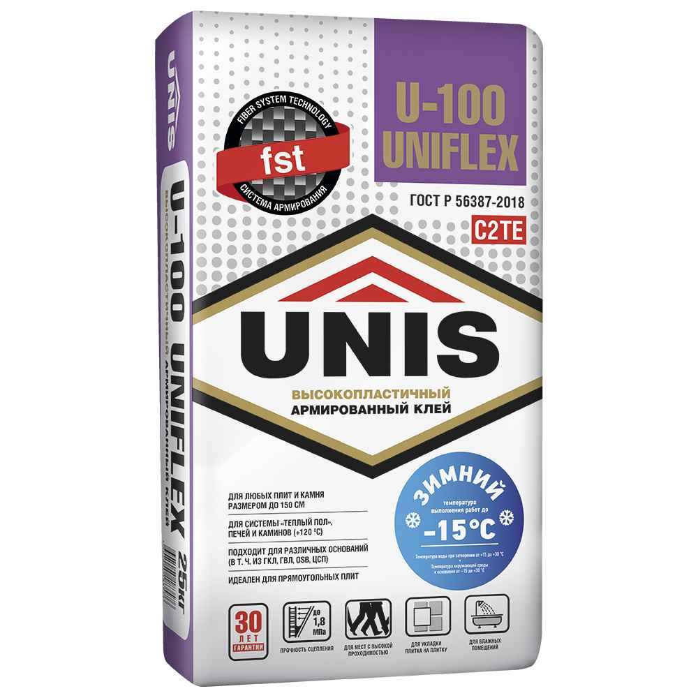 Высокопластичный армированный клей для плитки любого типа U-100 UNIFLEX (зима), 25 кг