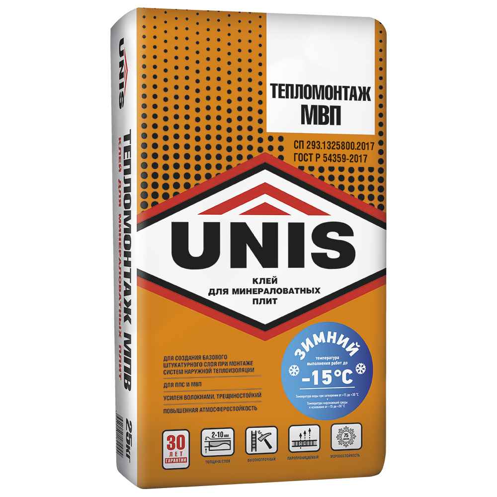Клей для крепления пенополистирольных плит ТЕПЛОМОНТАЖ МВП UNIS (зима), 25 кг
