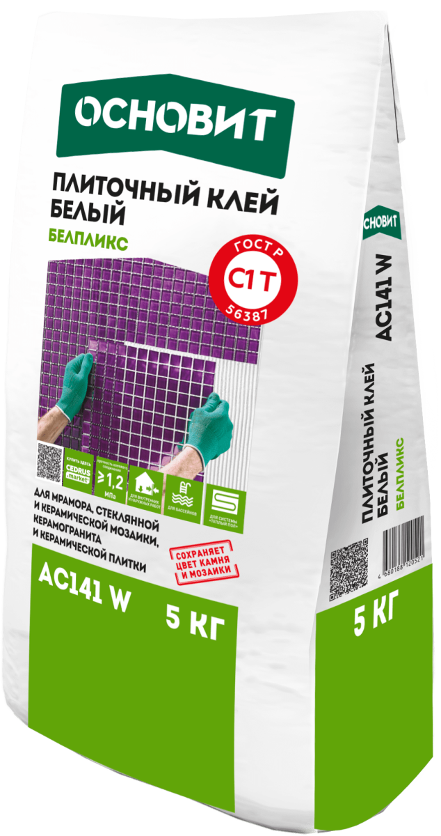 Клей белый для керамической мозаики, керамической плитки ОСНОВИТ БЕЛПЛИКС АС141 W, 5 кг