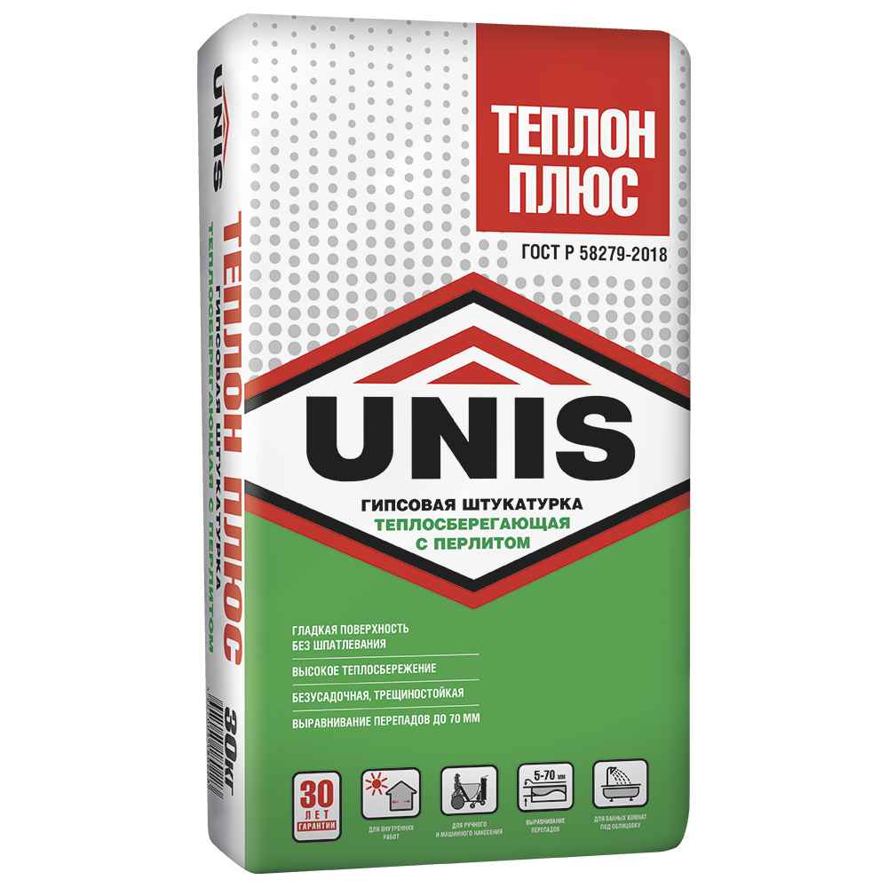 Теплосберегающая облегченная гипсовая штукатурка ТЕПЛОН ПЛЮС UNIS, 30 кг